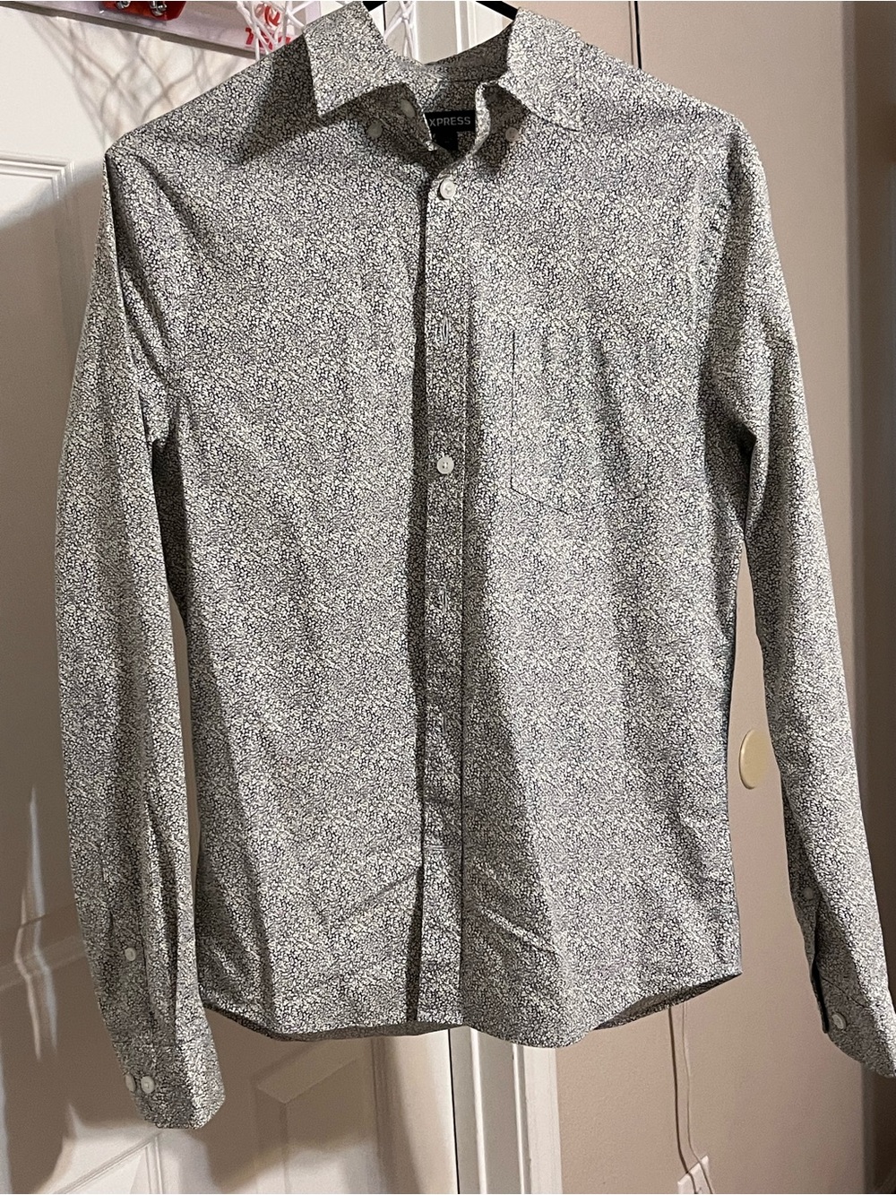 Express Men's Long-Sleeve Microprint Button-Up Shirt — White & Black